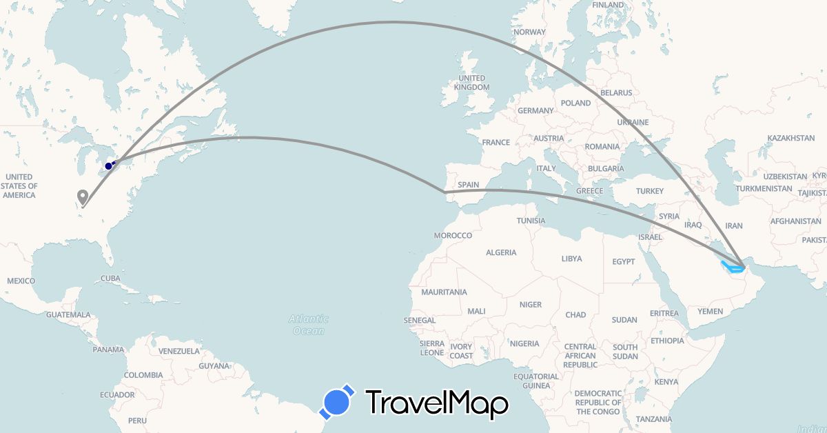 TravelMap itinerary: driving, plane, boat in United Arab Emirates, Bahrain, Canada, Portugal, Qatar, United States (Asia, Europe, North America)